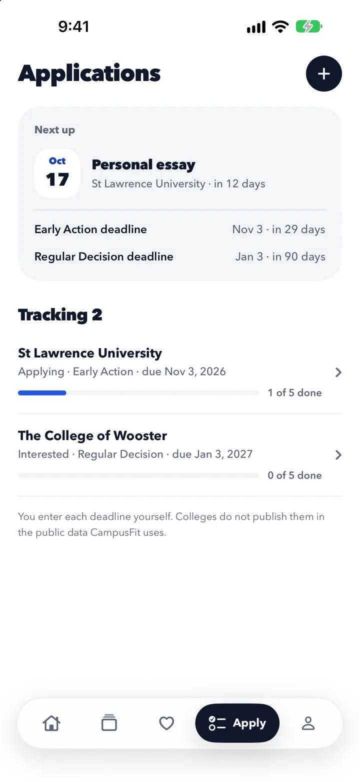 The application tracker: the next thing due, then each application with its plan, deadline and progress.