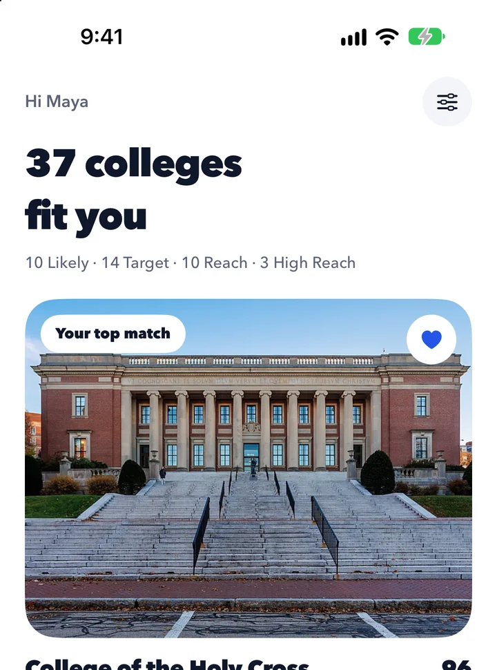 The app's home screen: 37 colleges fit you, with the top match shown first.